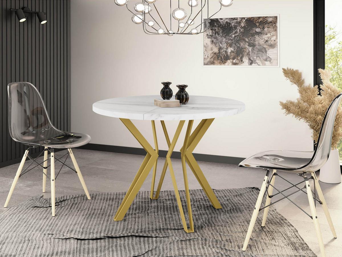 ESSTISCH Daisy runder ausziehbarer, Marmor Weiß 120-200/100/76 cm - Ecru/Goldfarben, Holzwerkstoff/Metall (120/200/76cm) - WFL GROUP