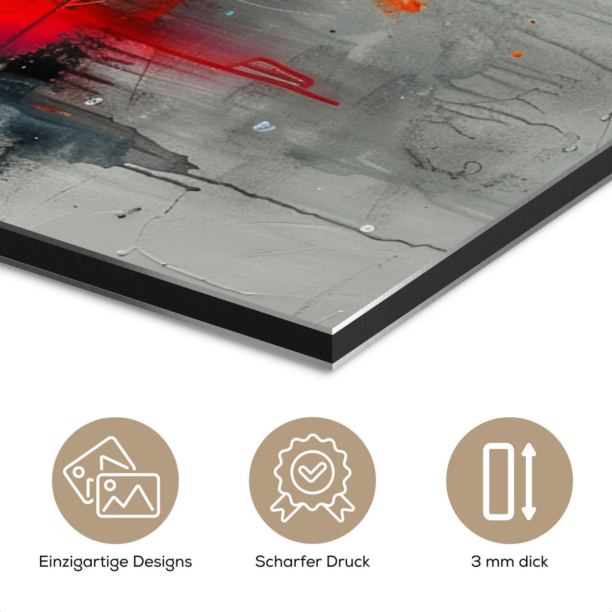 METALLBILD Moderne Kunst - Orange - Grau - Abstrakt 80x120 cm - Hellgrau, Metall (80/120cm) - MuchoWow