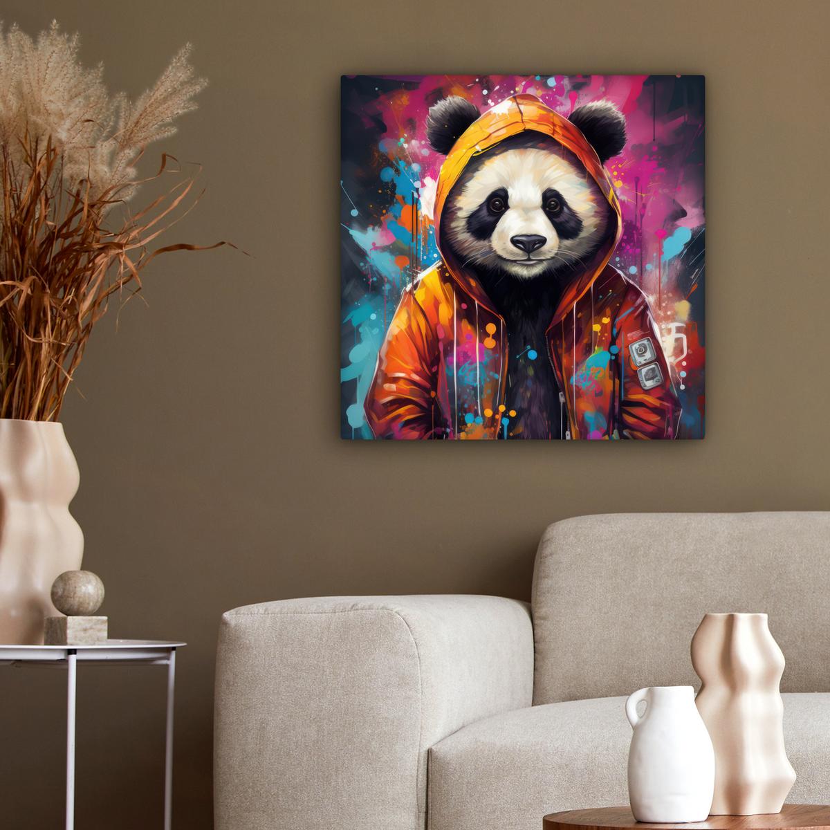 LEINWANDBILD Panda - Jacke - Graffiti - Orange Wandbild Wohnzimmer 50x50 cm - Orange, Textil (50/50cm) - MuchoWow