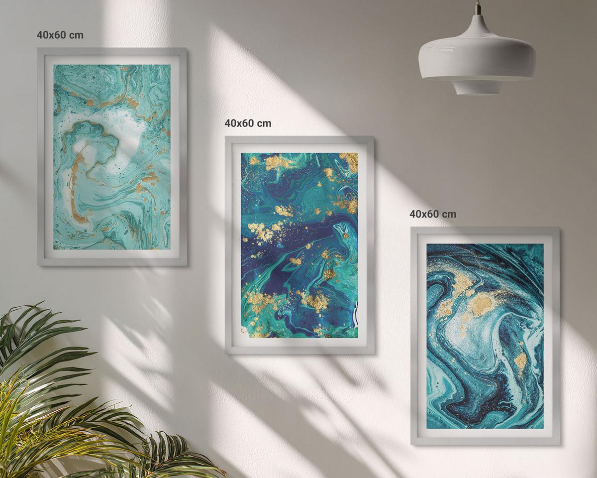 BILDER SET 3er Set - 40x60 cm Silberner Rahmen - Abstraktion von Türkisfarbe - Silberfarben, Kunststoff (40/60cm) - TULUP