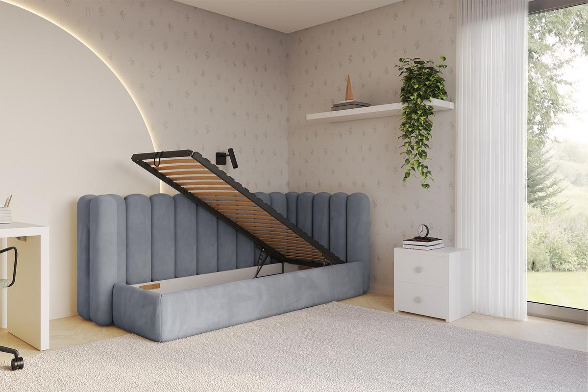 EINZELLBETT Jugendbett mit Bettkasten und Matratze H3/H4, Links - HUGY 100x200 Grau - Grau, Holzwerkstoff/Textil (100/200cm) - ALTDECOR