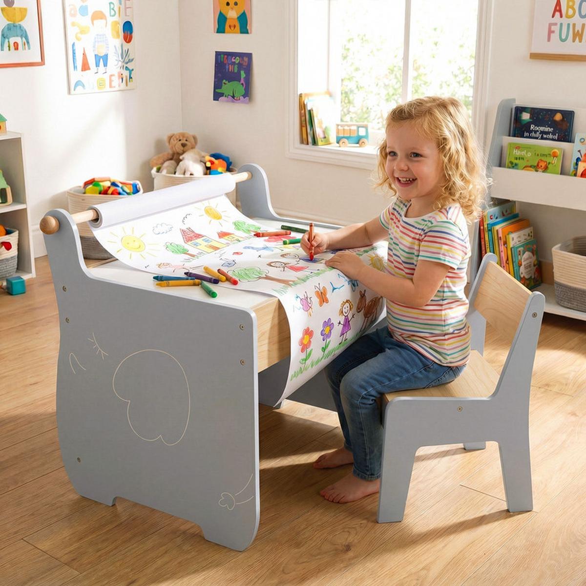 KINDERTISCH mit Stuhl grau(2-tlg) - Grau, Holzwerkstoff (61.5/59/47cm) - COSTWAY