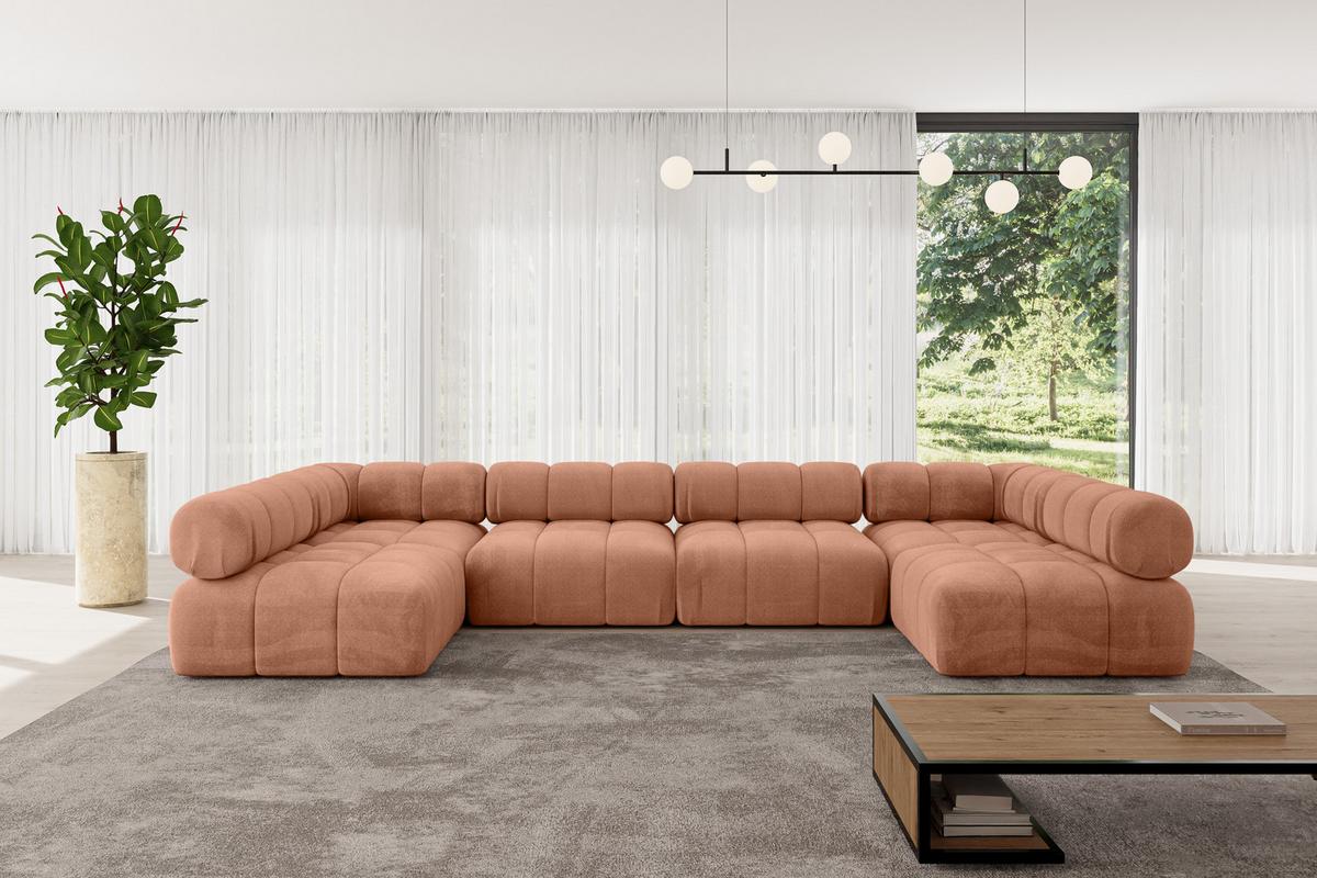 WOHNLANDSCHAFT modulares Sofa Garvo-U2 - 380x190x70 cm Apricot Velours - Koralle, Holzwerkstoff/Textil (380/70/190cm) - ALTDECOR