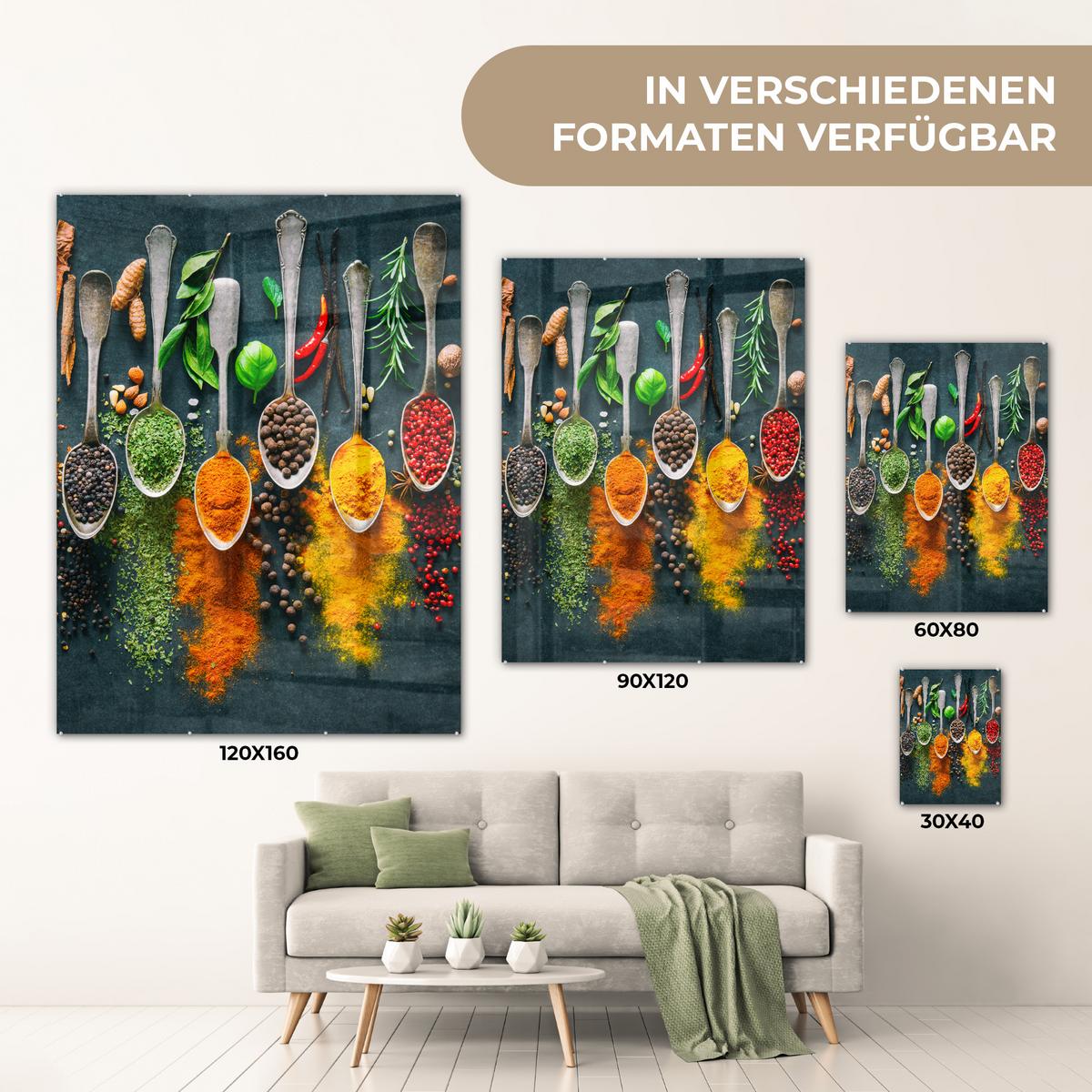 ACRYLGLASBILD Kräuter - Gewürze - Löffel 60x80 cm - Currygelb, Glas (60/80cm) - MuchoWow