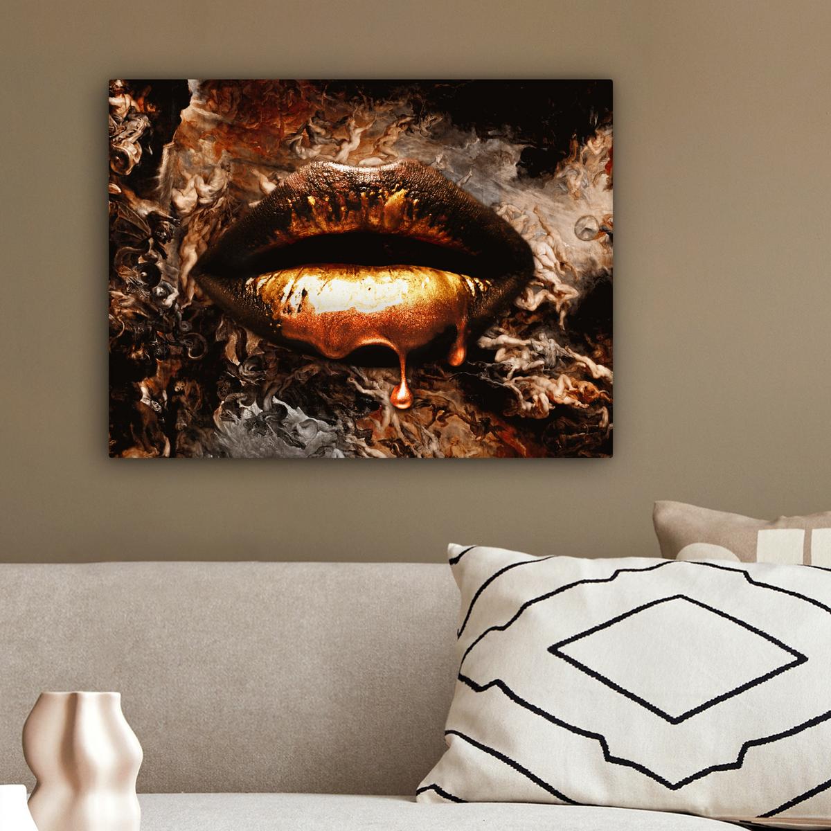 LEINWANDBILD Gold - Lippen - Kunst - Gold - Luxus - Abstrakt Wandbild 40x30 cm - Kupferfarben, Textil (40/30cm) - MuchoWow