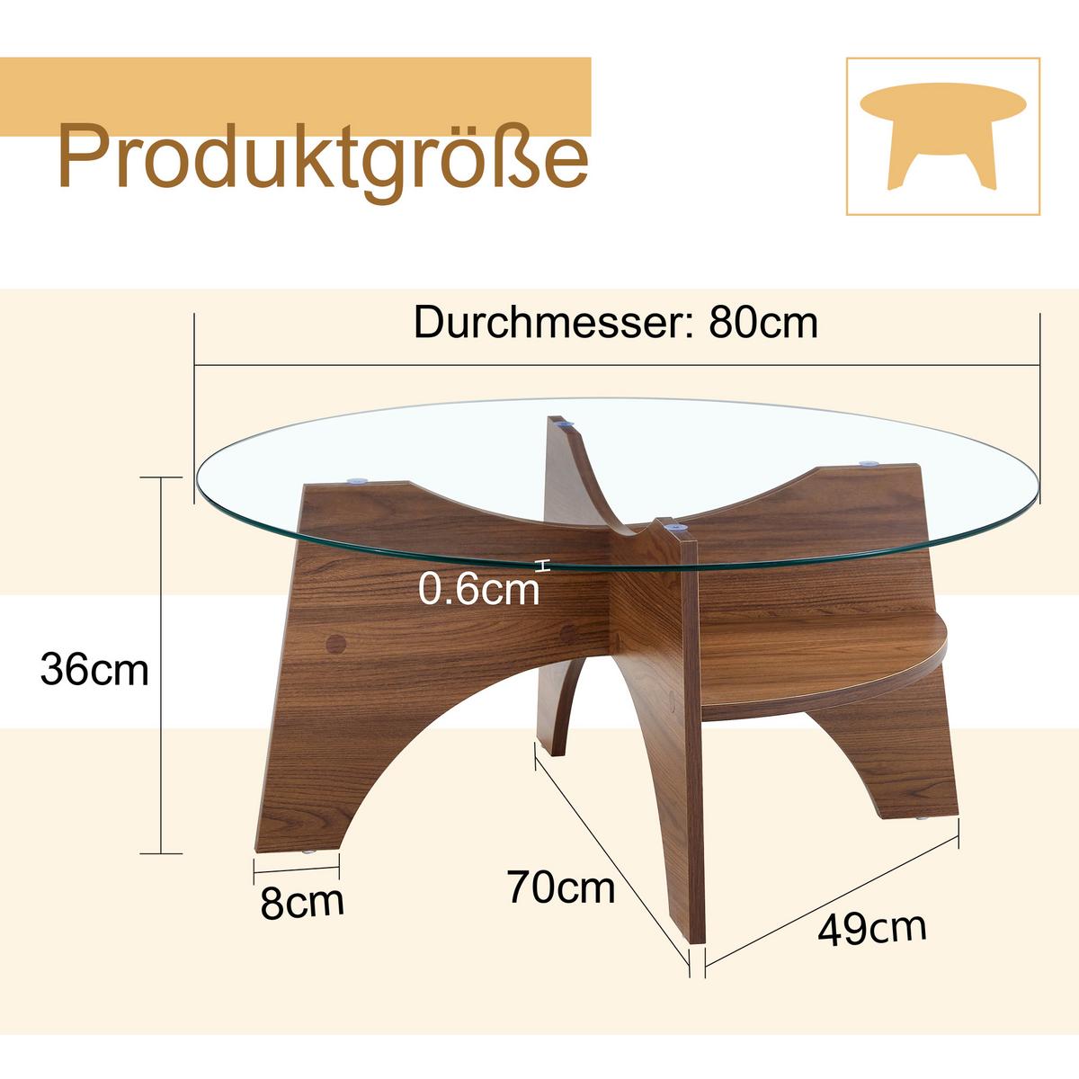 COUCHTISCH glas nussbaum optik stabiles design - Walnussfarben, Holzwerkstoff (80/80/36cm) - Urban Meuble