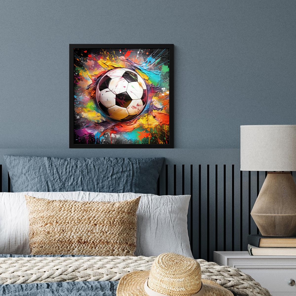 POSTER MIT RAHMENGERAHMTES BILD Fußball - Farbe - Farben - Schwarz - Weiß 40x40 cm - Weiß, Papier (40/40cm) - MuchoWow