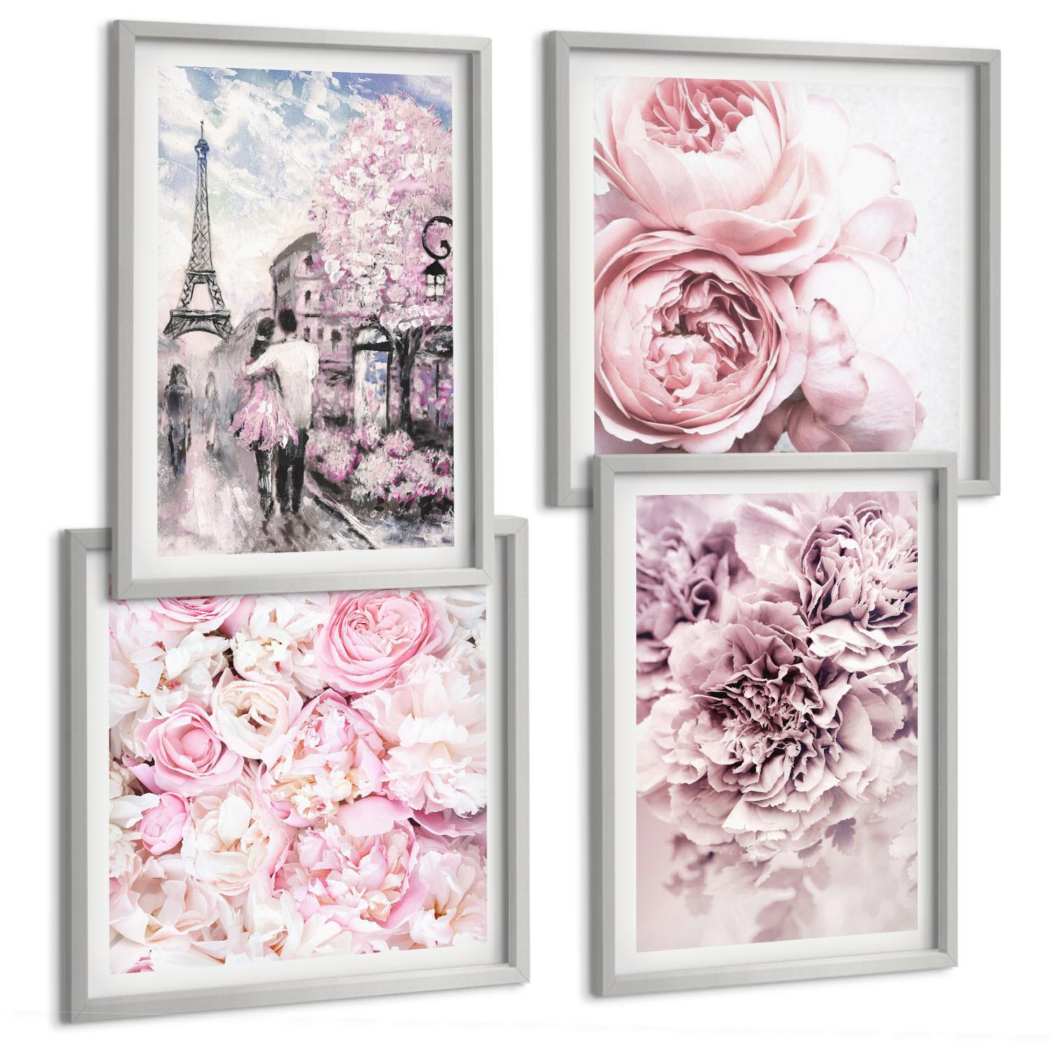 BILDER SET 4er Set - 50x50 cm & 40x60 cm Silberner Rahmen - Rosa Blumen, romantische Landschaft - Silberfarben, Kunststoff (50/50cm) - TULUP