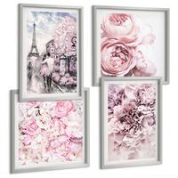 BILDER SET 4er Set - 50x50 cm & 40x60 cm Silberner Rahmen - Rosa Blumen, romantische Landschaft - Silberfarben, Kunststoff (50/50cm) - TULUP
