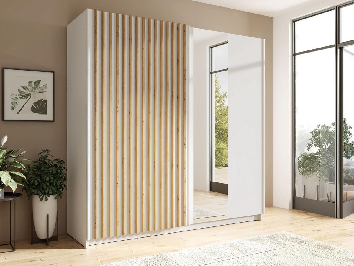 SCHWEBETÜRENSCHRANK MAREN 200,2/198,5/55,4cm 2-türig mit Spiegel Weiß - Eiche Artisan/Weiß, Holzwerkstoff (200.2/198.5/55.4cm) - MASSENO