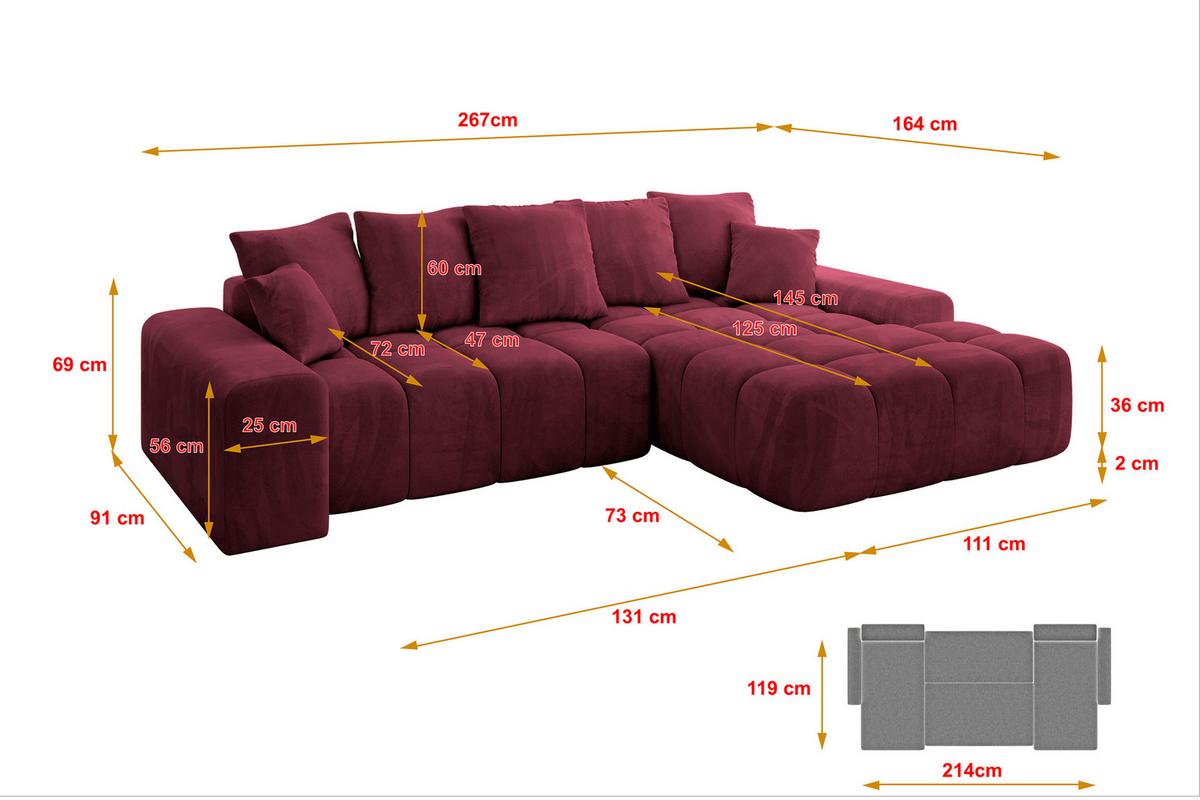 ECKSOFA Ottomane Rechts ENSI-L - 267x164x69 cm Bordeaux - Bordeaux, Holzwerkstoff/Kunststoff (164/267cm) - ALTDECOR