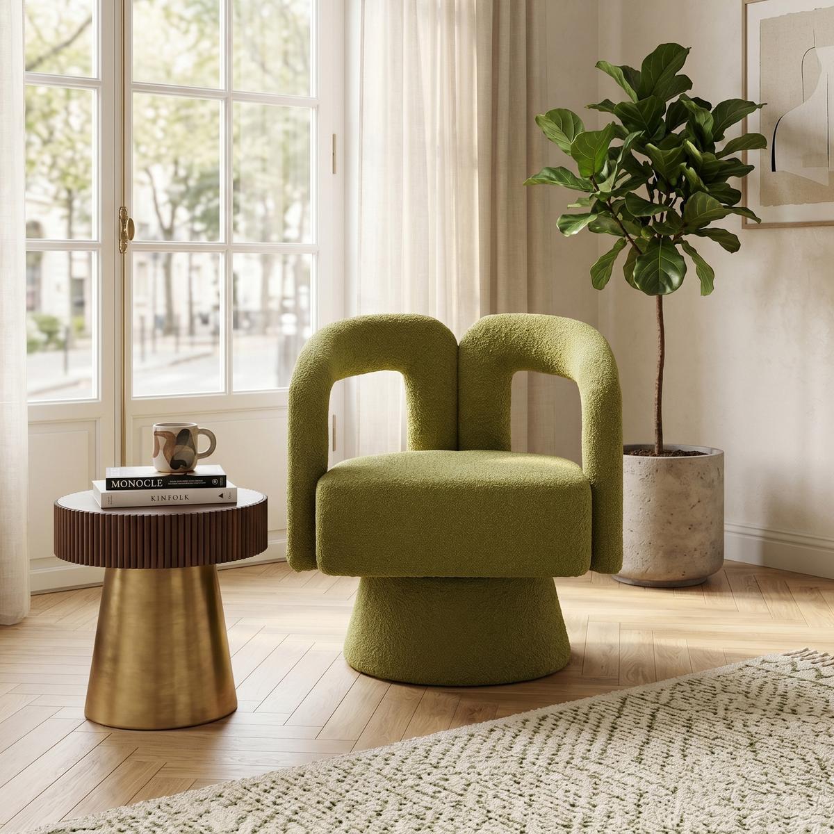 DREHSESSEL 360° Boucle Akzentstuhl Polstersessel für Wohnzimmer & Büro - Olivgrün, Textil (67/74/55cm) - Urban Meuble