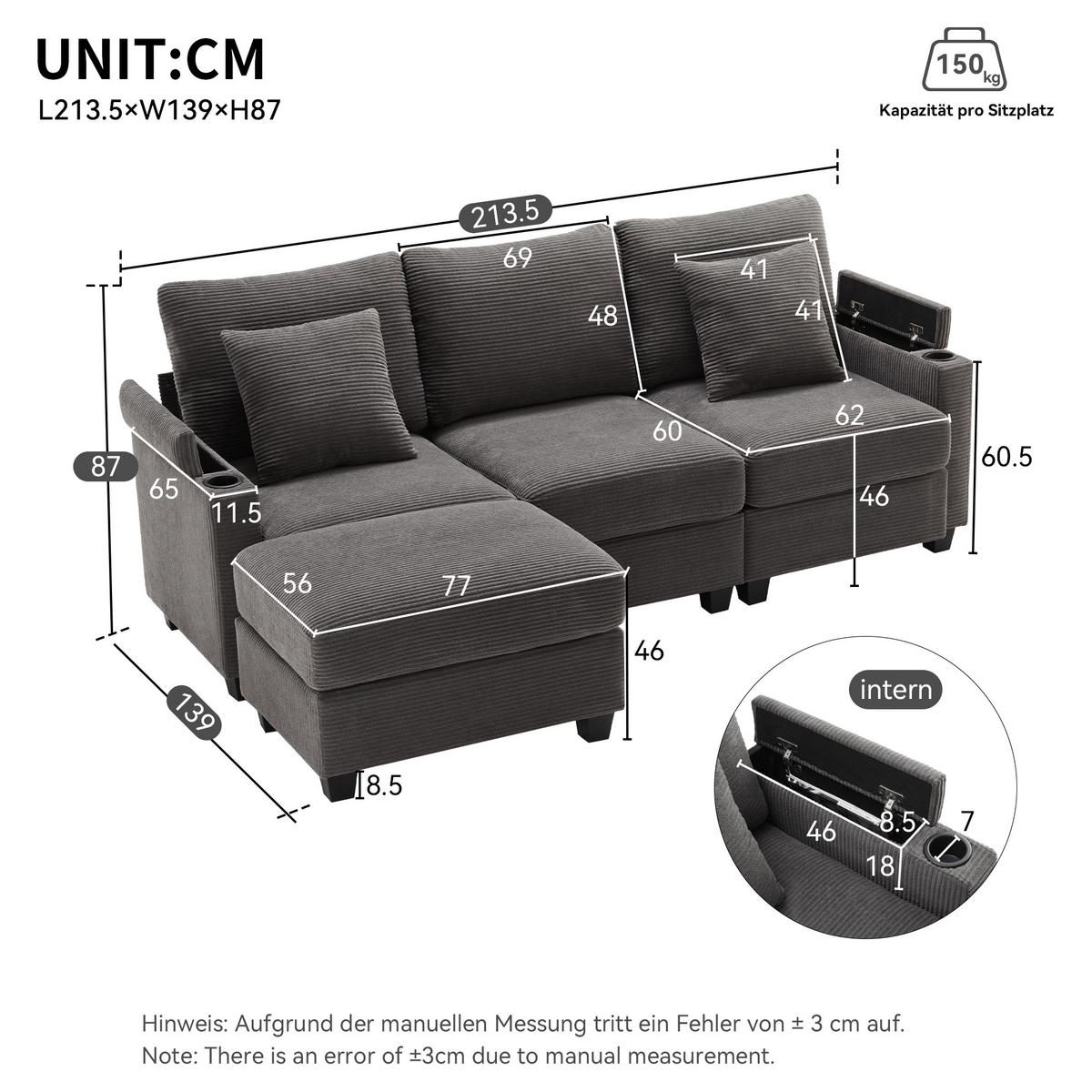 SOFA Modernes 3-Sitzer mit Stoffbezug, Grau – Komfortabel, stilvoll, langlebig, 220 x 90 x 85 cm - Grau, Holzwerkstoff/Textil (213/139cm) - Urban Meuble