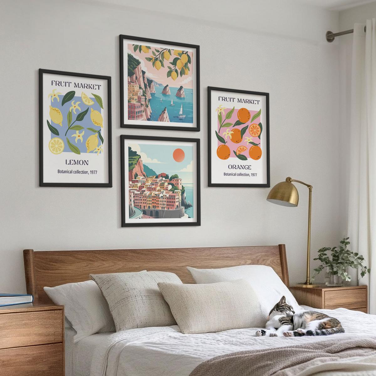 BILDER SET 4er Set - 50x50 cm & 40x60 cm Schwarzer Rahmen - Obstposter Zitronen Orangen - Schwarz, Kunststoff (50/50cm) - TULUP