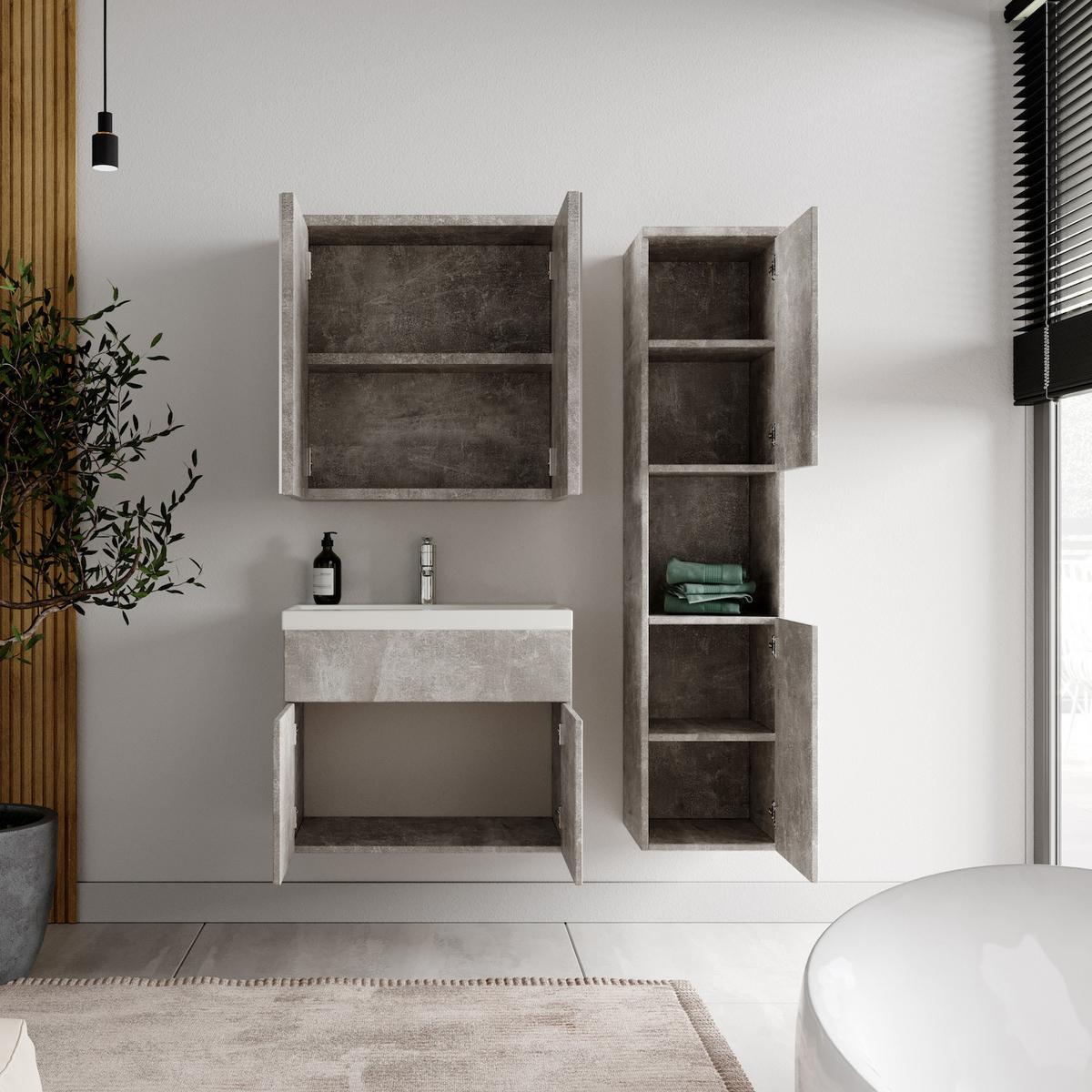 BADMÖBEL-SET Montreal 4 Teile Spiegelschrank Beton Grau - 60 x 35 x 51 cm - Grau, Holz (60/51/35cm) - Badplaats