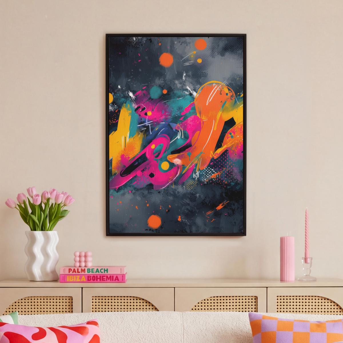 LEINWAND Bilder mit Rahmen - Abstrakt - Graffiti - Farbenfroh - Farbspritzer - 60x90 - Multicolor, Textil (60/90cm) - MuchoWow