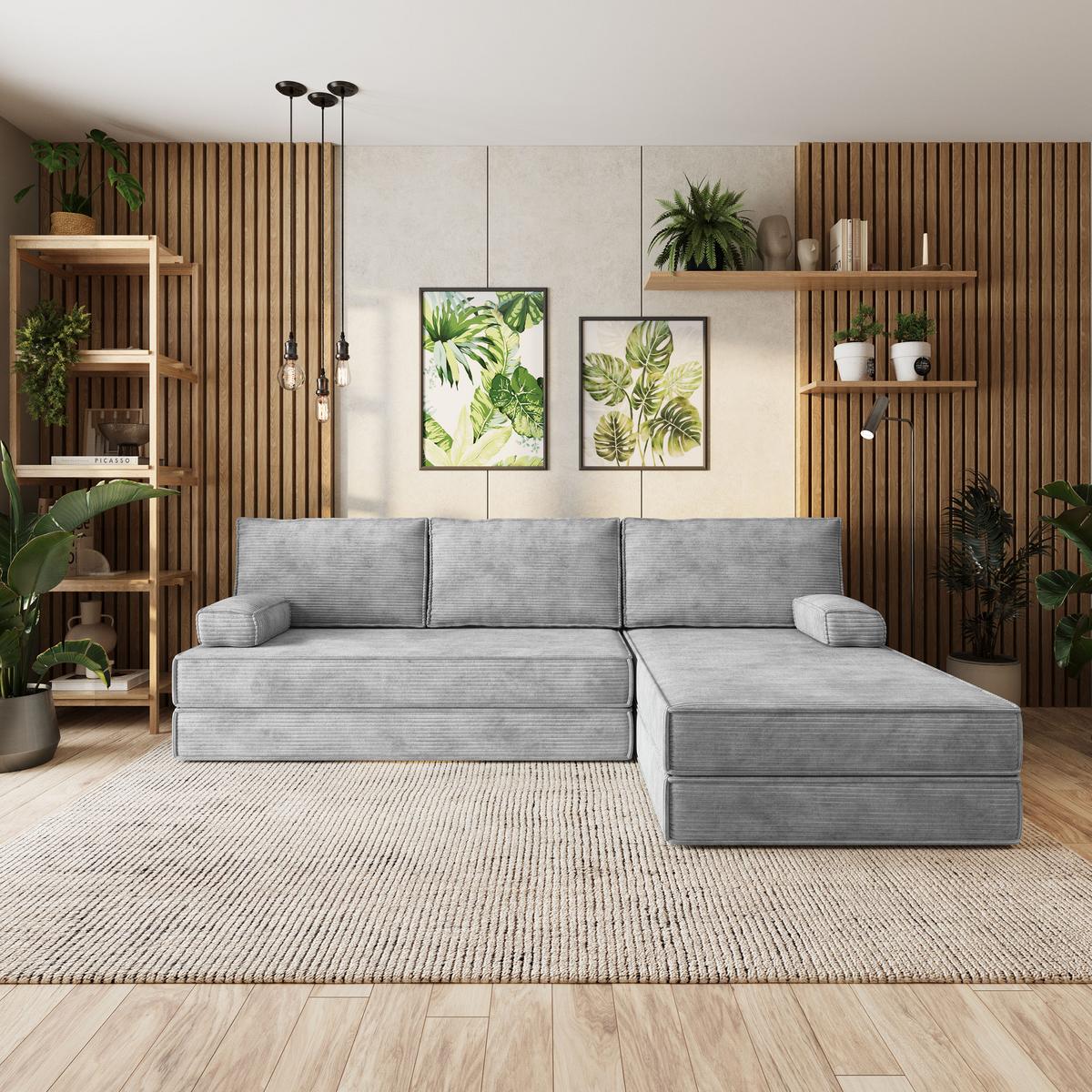 ECKSOFA ANKO modulares Boneless Sofa mit Schlaffunktion Hellgrau Kordstoff - Hellgrau, Textil (270/160cm) - MASSENO