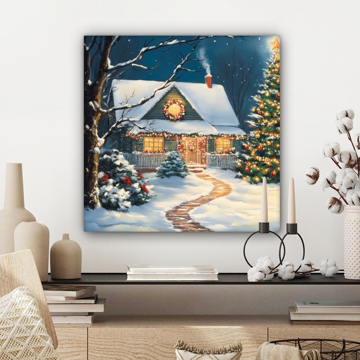 LEINWANDBILD Weihnachten - Weihnachtsbaum - Winter - Zuhause - Schnee Wandbild Wohnzimmer 50x50 cm - Smaragdgrün, Textil (50/50cm) - MuchoWow