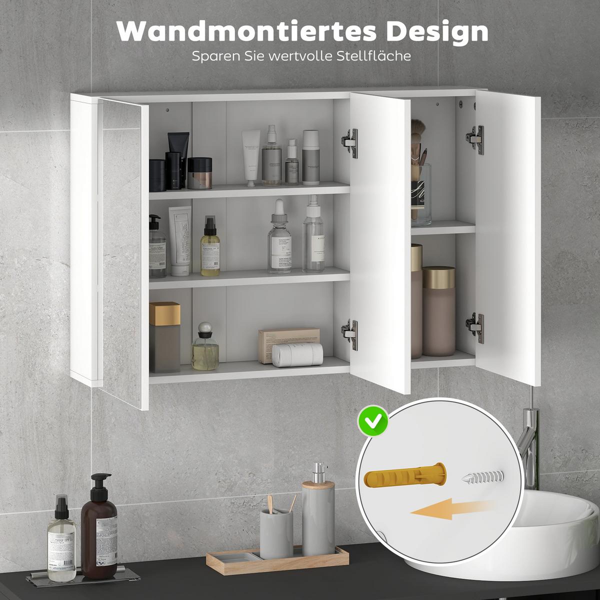 SPIEGELSCHRANK Bad mit 3 Spielgeltüren, Badezimmerschrank mit 5 Regale - Weiß, Holzwerkstoff (90/60/15.5cm) - HOMCOM