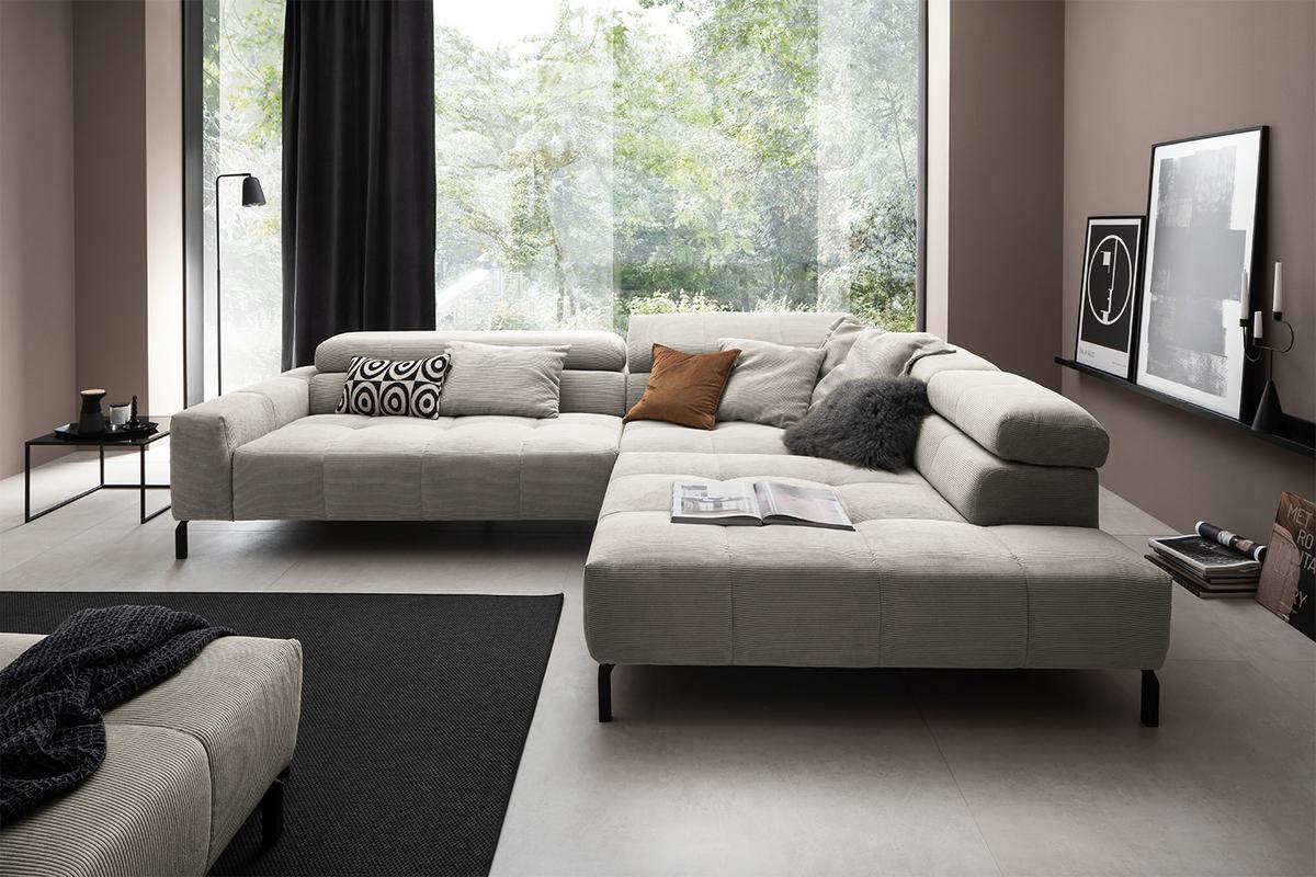 ECKSOFA MIT MOTORISCHEM SITZVORZUG OHIO Silber Cord Relaxfunktion - Silberfarben/Schwarz, Textil/Metall (311/219cm) - KAWOLA
