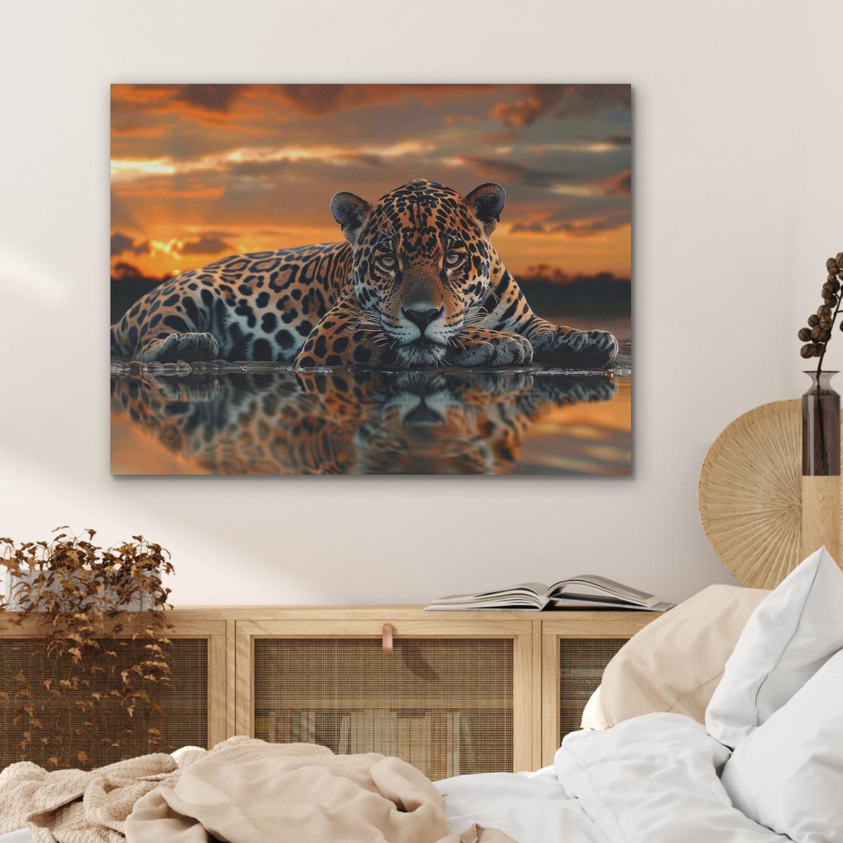 AKUSTIKBILD Natur - Leopard - Tier - Sonnenuntergang - Modern Gemälde 80x60 cm - Orange, Kunststoff (80/60/0.9cm) - MuchoWow