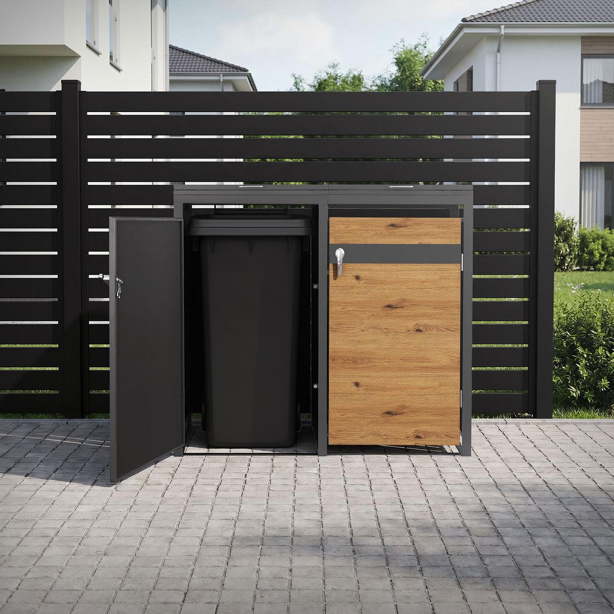 MÜLLTONNENBOX 4er Anthrazit-Holzoptik - Braun, Metall (264/120/80cm) - ML-DESIGN