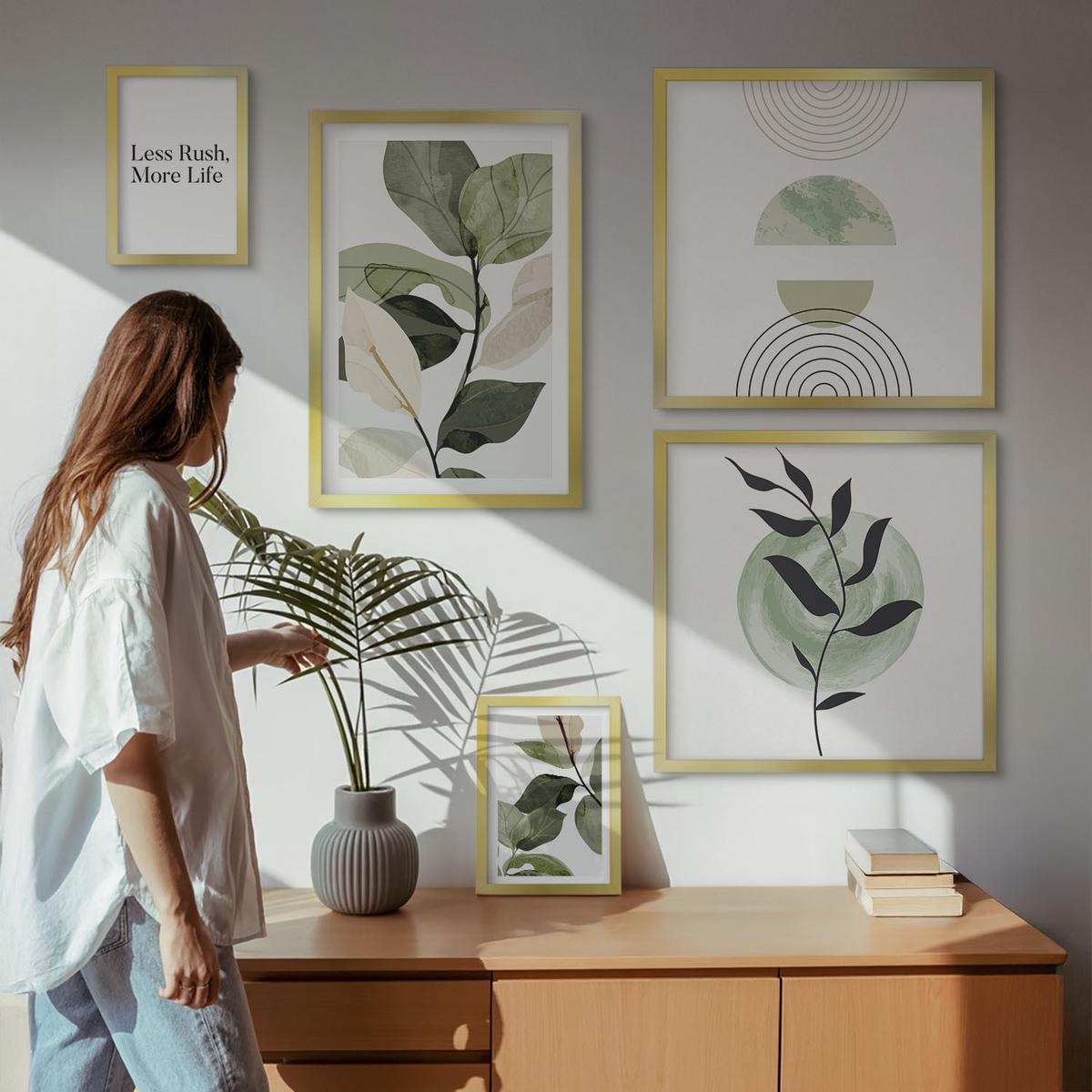 BILDER SET 5er Set - 50x50 cm & 20x30 cm & 40x60 cm Goldrahmen - Geometrische Pflanzenformen - Goldfarben, Kunststoff (40/60cm) - TULUP