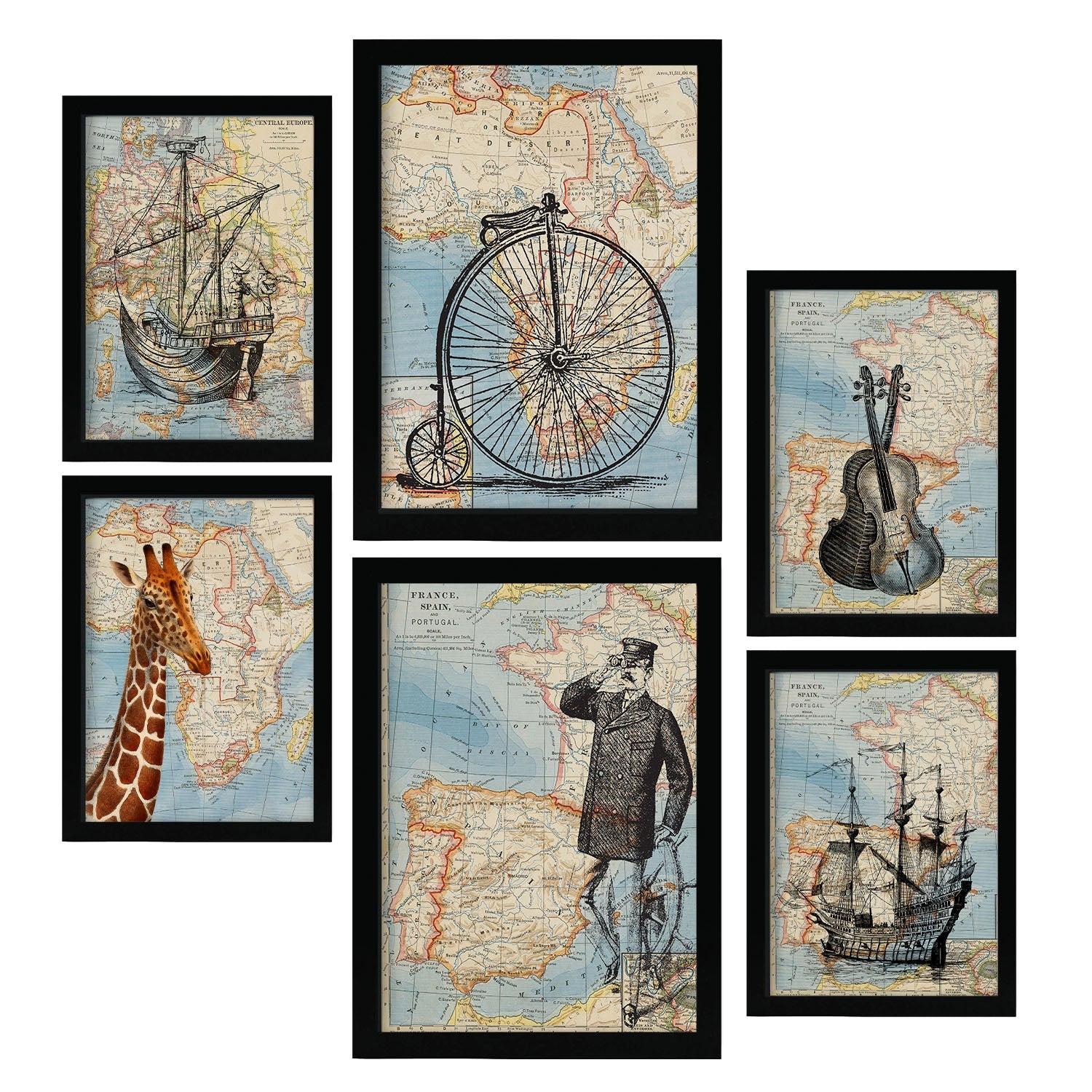 POSTER Set Mit 6 Vintage Karten Topografische Karten Im Retro Stil Von Europa, Afrika Und Spanien In Dezenten Farben A3 & A4 Schwarzer Rahmen - Schwarz, Papier (29/3cm) - Nacnic