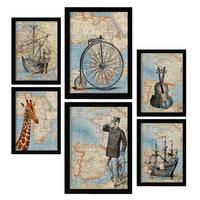 POSTER Set Mit 6 Vintage Karten Topografische Karten Im Retro Stil Von Europa, Afrika Und Spanien In Dezenten Farben A3 & A4 Schwarzer Rahmen - Schwarz, Papier (29/3cm) - Nacnic
