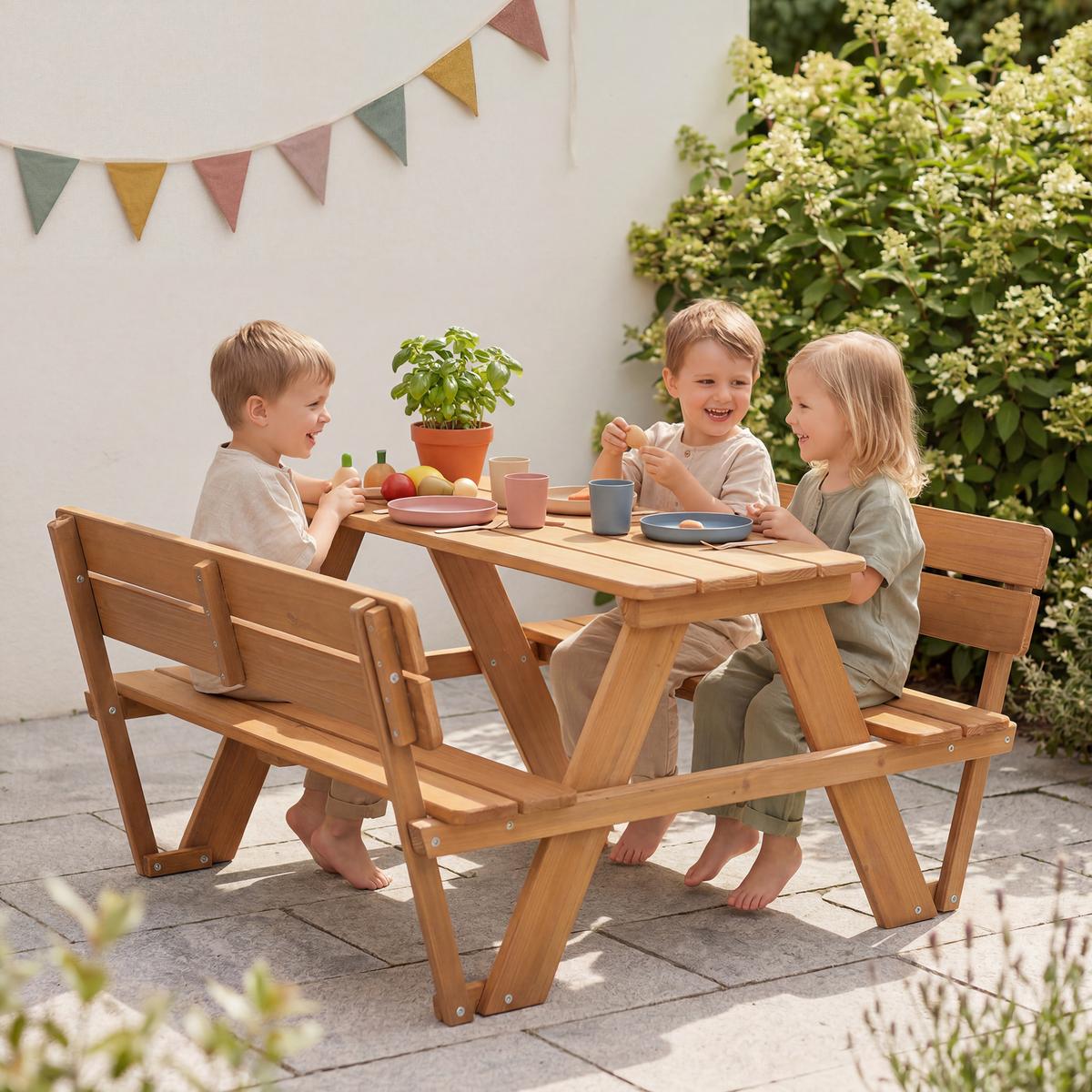 KINDERSITZGRUPPE PICKNICK for 4' Outdoor + teak mit Lehne und Bankkissen - Teakfarben, Holz - Roba