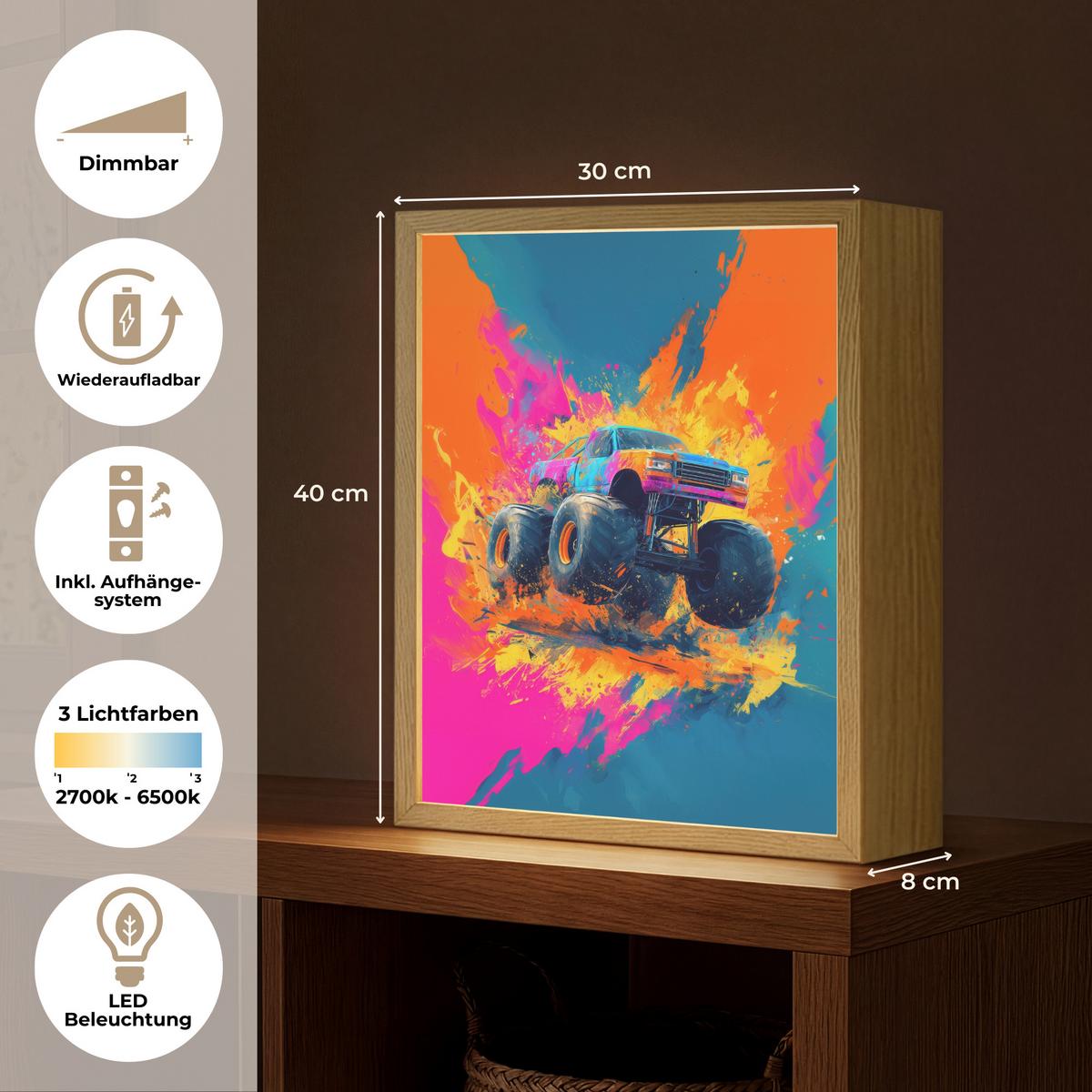 NACHTTISCHLAMPE MIT AKKU Monstertruck - Abstrakt - Farbspritzer - Farbenfroh 30x40 cm - Pink, Holzwerkstoff (8/30/40cm) - OnlyWow