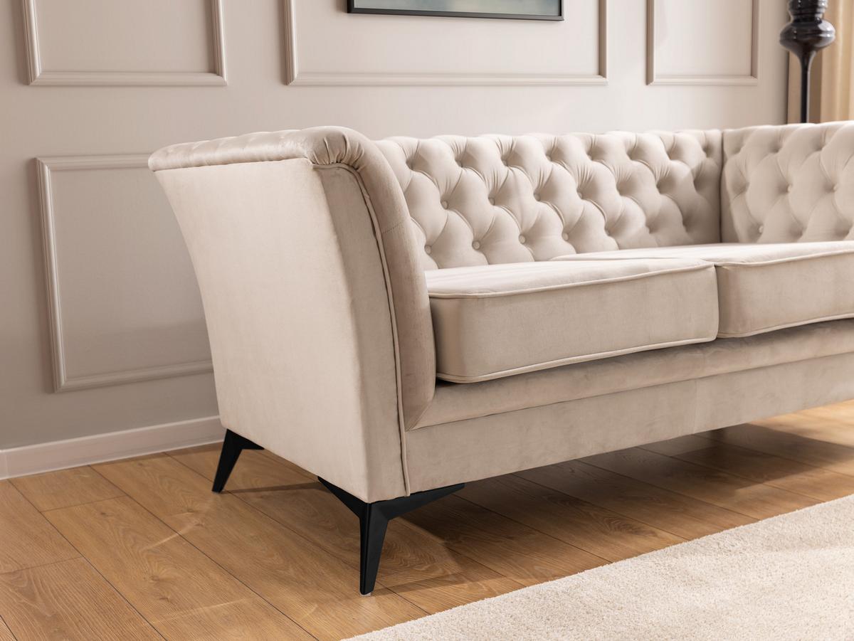CHESTERFIELD-SOFA 2-sitzer Whitby Beige Samt mit schwarzen Füßen - Beige/Schwarz, Holz/Textil (175/78/82cm) - S-Style Möbel