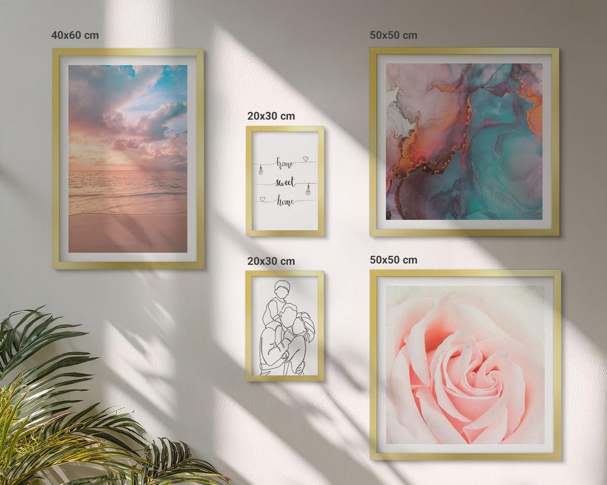 BILDER SET 5er Set - 50x50 cm & 20x30 cm & 40x60 cm Goldrahmen - Blumenfamilie minimalistisch - Goldfarben, Kunststoff (40/60cm) - TULUP