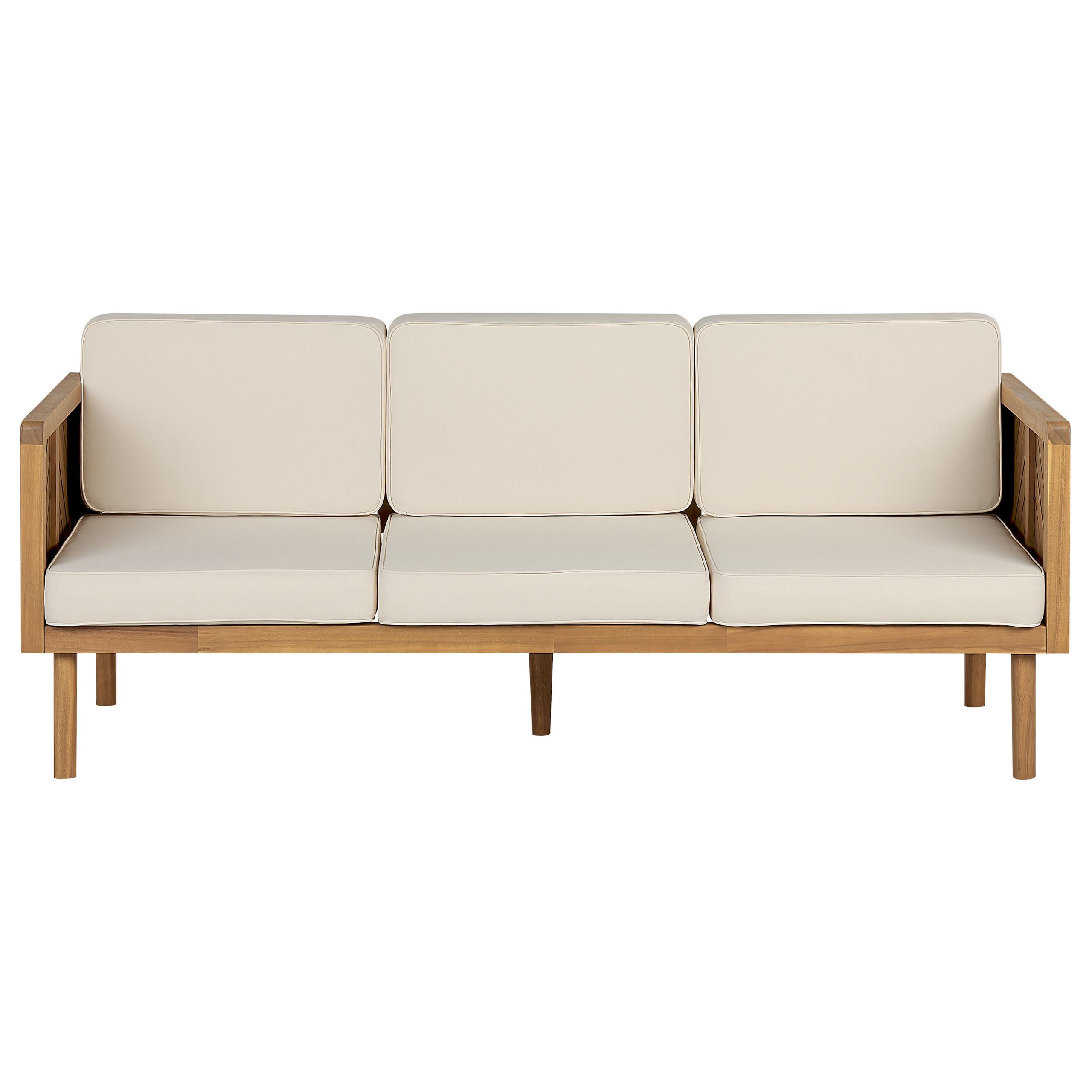 GARTENSOFA 3-Sitzer Akazienholz hellbraun Auflagen creme Baratti - Hellbraun/Weiß, Holz (179/76/65cm) - Beliani