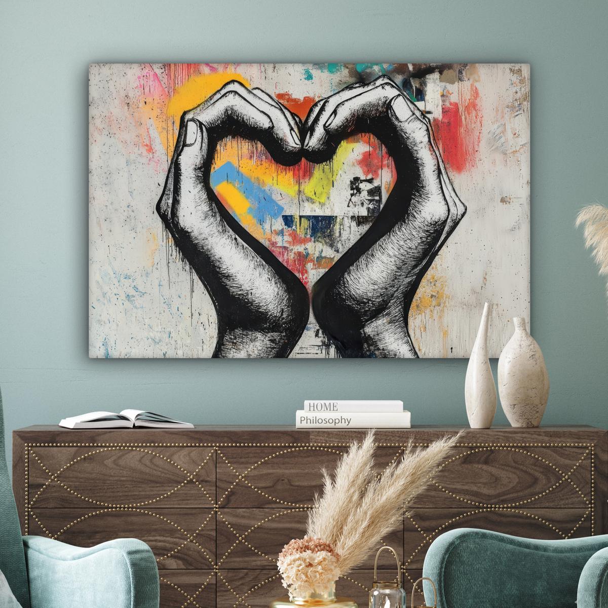 LEINWANDBILD Hände - Herz - Straßenkunst - Graffiti Wohnzimmer Groß 120x80 cm - Multicolor, Textil (120/80cm) - MuchoWow