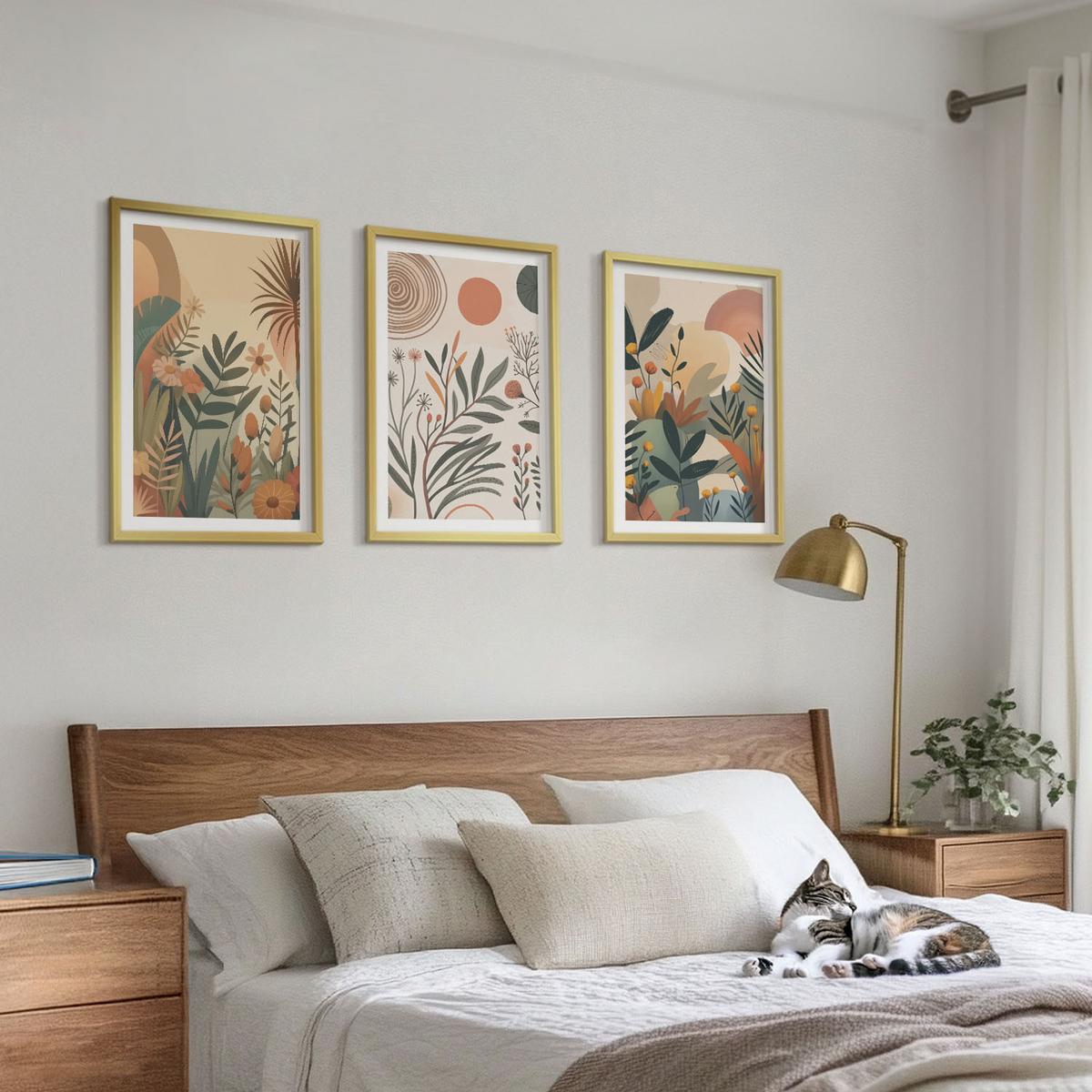 BILDER SET 3er Set - 40x60 cm Goldrahmen - Pflanzenmotive in gedeckten Farben - Goldfarben, Kunststoff (40/60cm) - TULUP