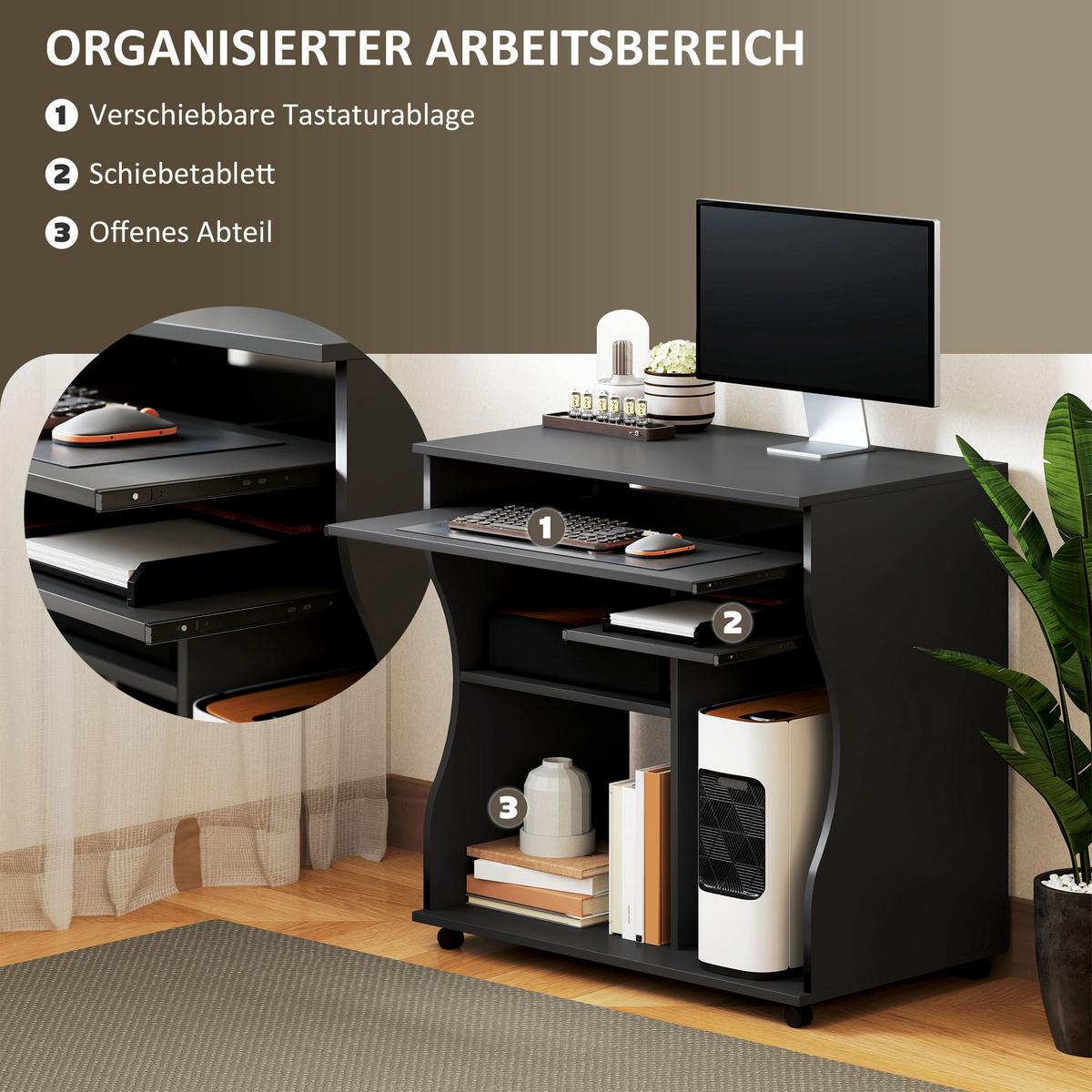 COMPUTERTISCH mit Rollen, Schwarz 80 x 48 x 75 cm - Schwarz, Holz (80/48/75cm) - HOMCOM