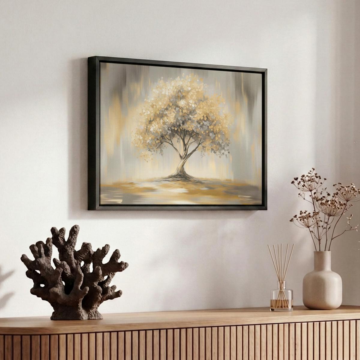 LEINWAND Bilder mit Rahmen - Gemälde - Baum - Abstrakt - Blätter - 30x20 - Beige, Textil (30/20cm) - MuchoWow