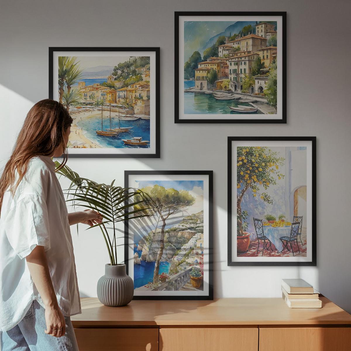 BILDER SET 4er Set - 50x50 cm & 40x60 cm Schwarzer Rahmen - Italienische Städte (Aquarell) - Schwarz, Kunststoff (50/50cm) - TULUP
