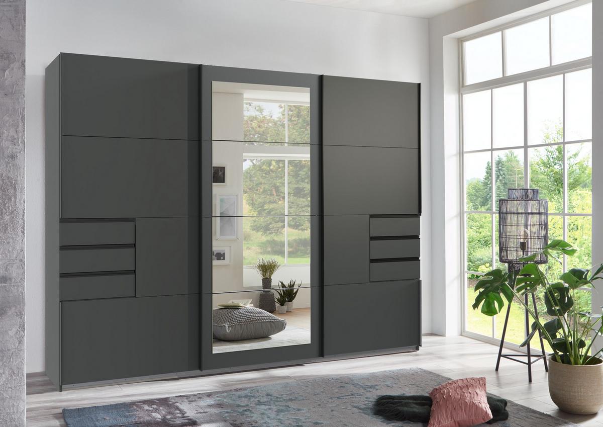 SCHWEBETÜRENSCHRANK 3-türig B270/H208/64 cm in Grafit, mit Spiegel & Schubladen, Kleiderschrank inkl. Vollausstattung / 22501 - Blau/Graphitfarben, Holzwerkstoff/Metall (270/208/64cm) - luma-home