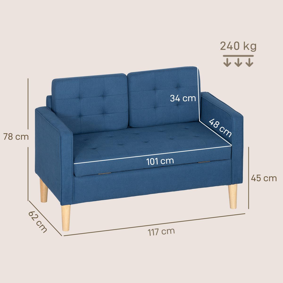 2 Sitzer Sofa, Couch mit Stauraum, Holzbeine, Gepolsterter Polstersofa, Blau - Blau/Eukalyptusholzfarben, Holz/Textil (62/78/117cm) - HOMCOM