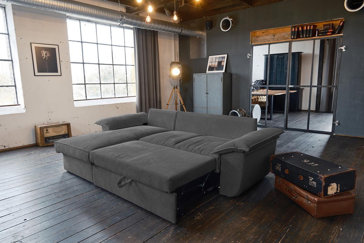 ECKSOFA DAMETO Grau Cord Mit Schlaffunktion - Schwarz/Grau, Kunststoff/Textil (266/174cm) - KAWOLA