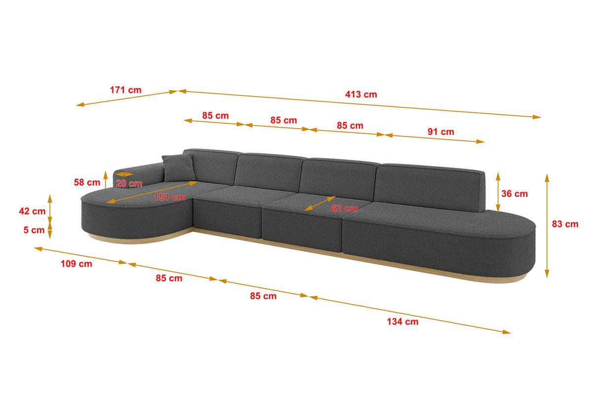 ECKSOFA Ottomane Links MARI-L3-v2 - 413x171x83 cm Grau Bouclé - Grau, Holzwerkstoff/Textil (413/171cm) - ALTDECOR