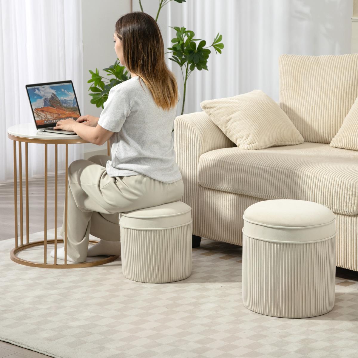 SITZHOCKER mit Stauraum Hocker und Deckel, Samtoptik - Creme/Weiß, Textil (36/41.5/36cm) - HOMCOM