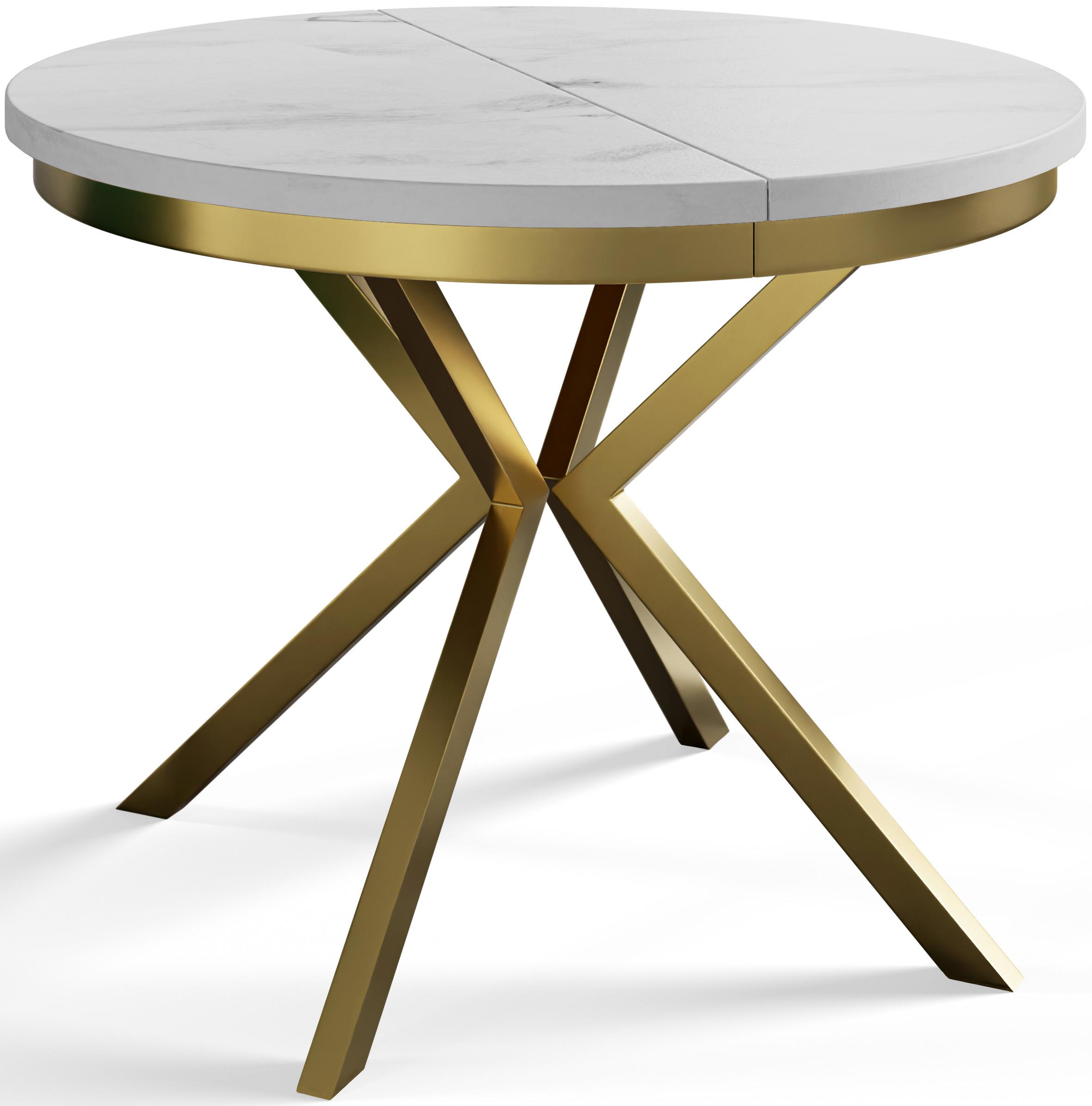RUNDER Esszimmertisch BERGO, ausziehbarer Tisch Durchmesser: 120 cm/200 cm, Wohnzimmertisch Farbe: Marmur, mit Metallbeinen in Farbe Gold - Goldfarben/Hellgrau, Holzwerkstoff (120/120/76cm) - Alpi-Möbel