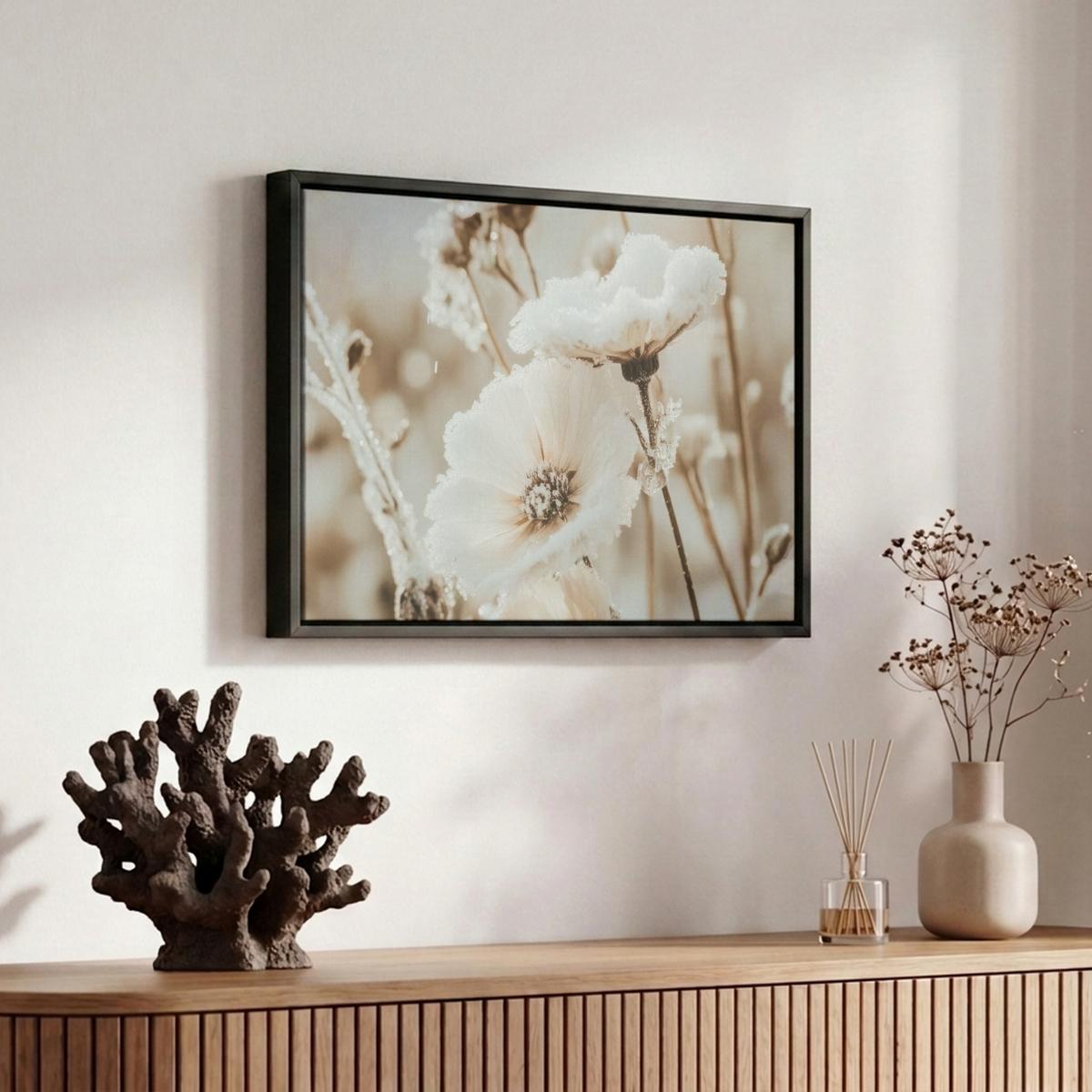 LEINWAND Bilder mit Rahmen - Blumen - Winter - Weiß - Schnee - Beige - 30x20 - Creme, Textil (30/20cm) - MuchoWow
