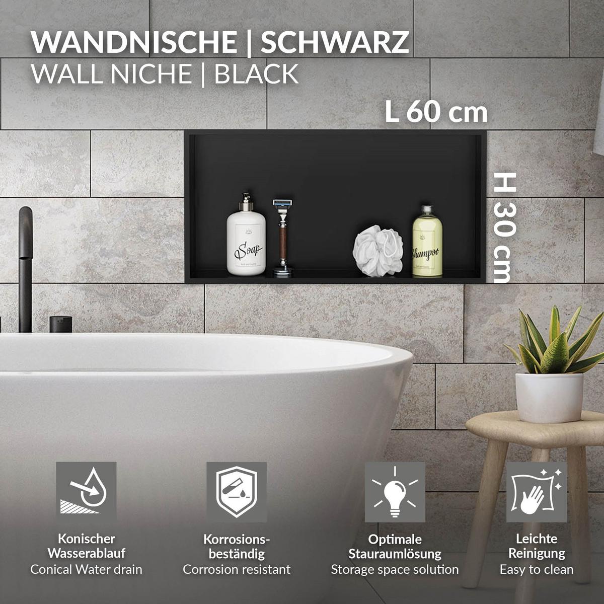 DUSCHNISCHE Schwarz 60/30 cm - Schwarz, Metall (60/30/10cm) - LuxeBath