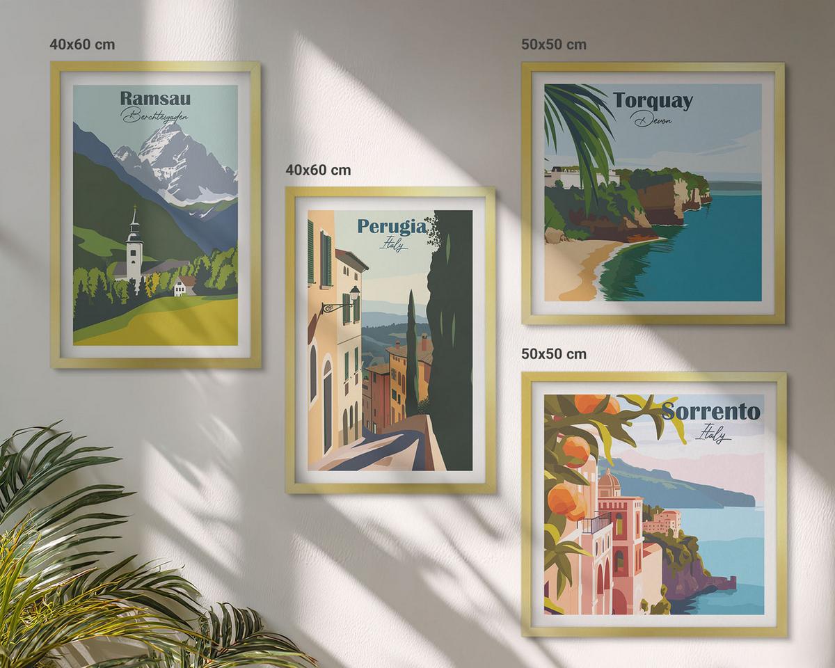 BILDER SET 4er Set - 50x50 cm & 40x60 cm Goldrahmen - Berglandschaften und Städte - Goldfarben, Kunststoff (50/50cm) - TULUP