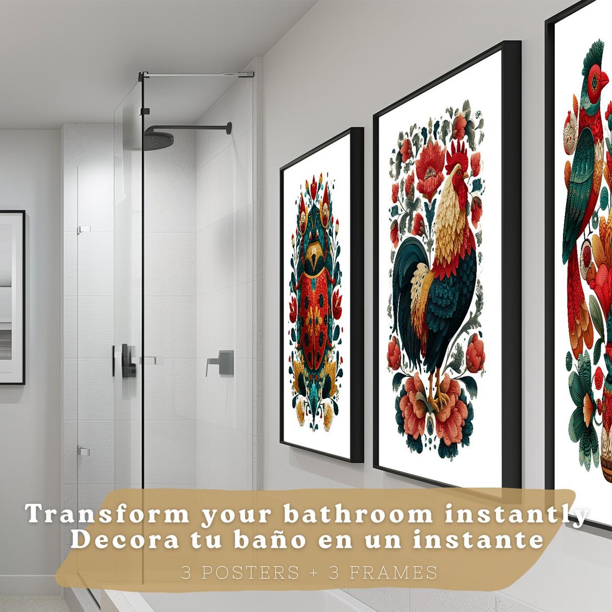 POSTER 3er-Set Kunstdrucke im Folk-Stil, dekorative Tier Blumenmotive, farbenfrohe Kunstposter für Zuhause, Wohnzimmer, Badezimmer Schwarzer Rahmen A4 - Schwarz, Papier (29.7/21/3cm) - Nacnic
