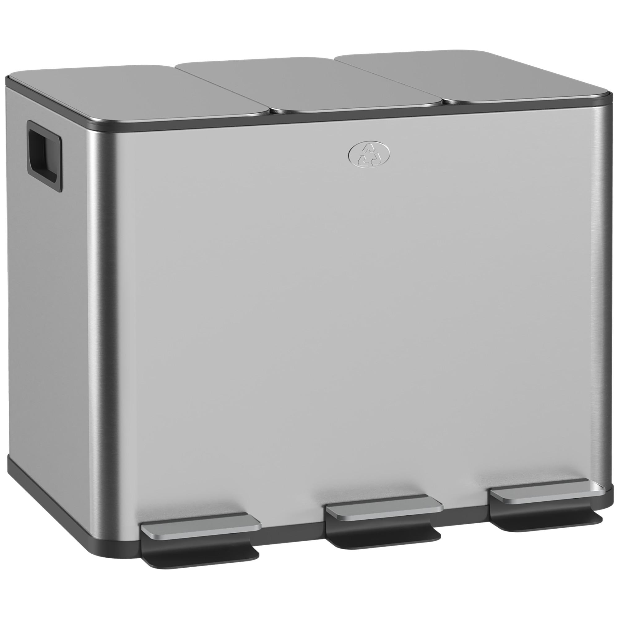 MÜLLEIMER 3x20L Abfalleimer aus Edelstahl mit Softclose Deckel Deodorant-Fächern - Silberfarben, Metall (36.6/56.7/61.9cm) - HOMCOM